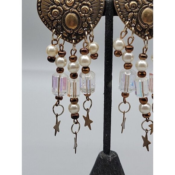 Floral Heart Dangling Faux Pearl Clip-on Earrings Irridescent Bead Stars Vintage - Picture 5 of 11